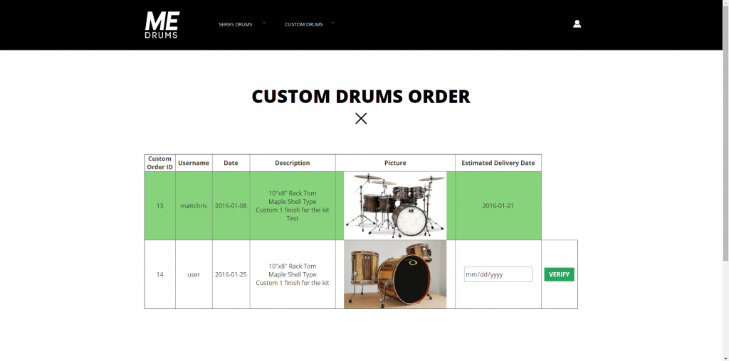 Admin can see and verify all the Custom Drums orders at a specific page.