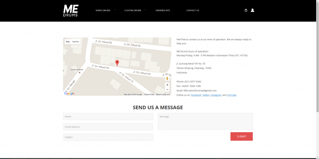 The Contact Us page, where the user can see ME Drums' location & contact info, also the user can send messages to ME Drums.