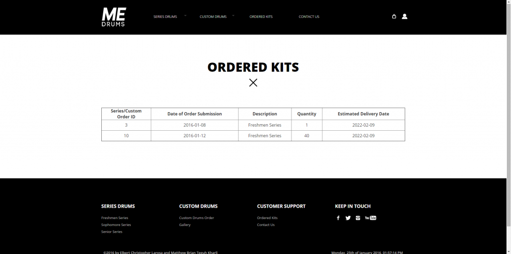 The Ordered Kits page, where the user can see his/her orders.
